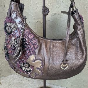 Brighton Rare Fabiola Pewter Leather Appliqué Handbag
